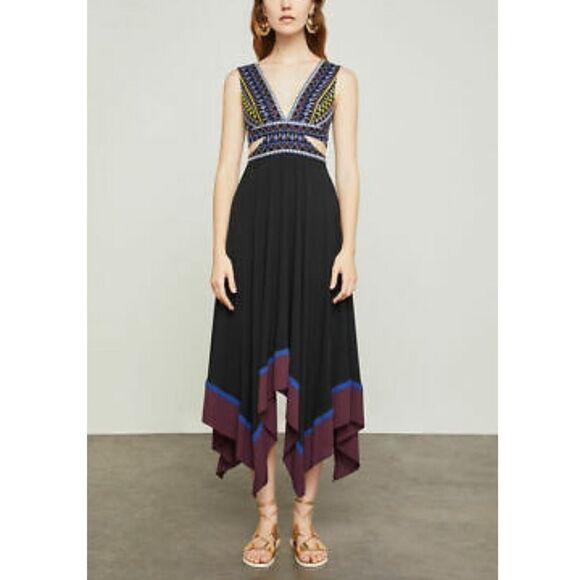 BCBGMaxAzria Boho Embroidered Handkerchief Midi Dress Black 0 - Picture 13 of 13
